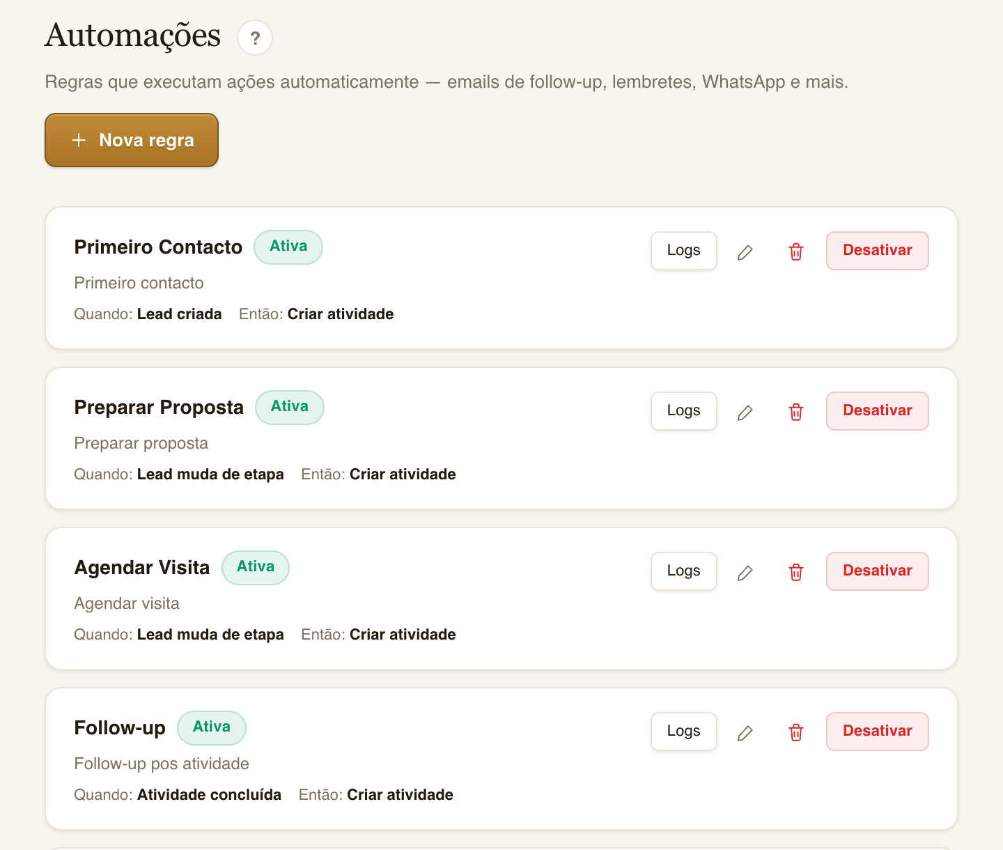 Regras de automação do ImoFlow, cada uma com o gatilho e a ação, por exemplo quando uma lead é criada então criar atividade.