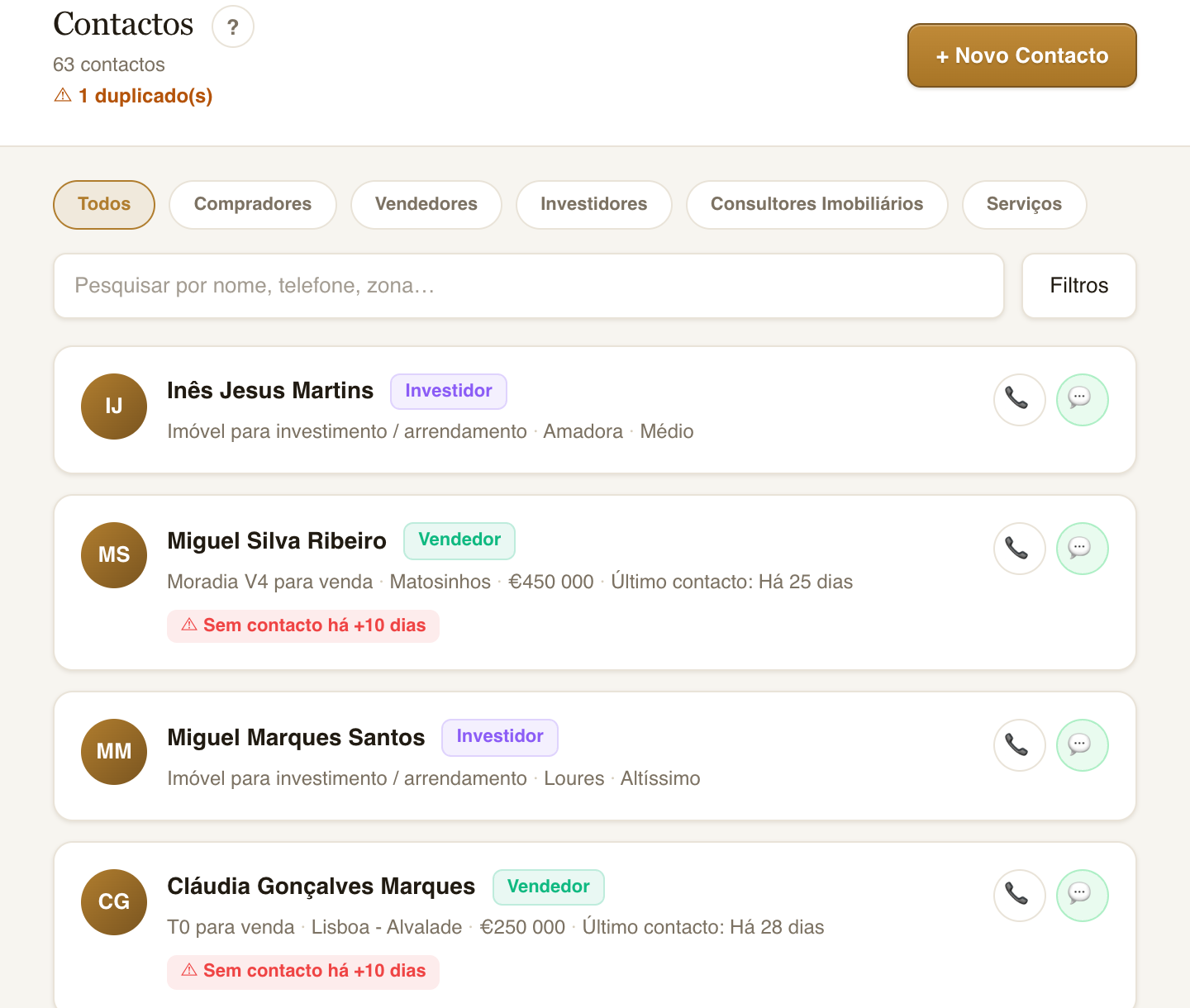 Lista de contactos do ImoFlow com etiquetas de comprador, vendedor e investidor, o imóvel procurado, a zona, o valor e alertas de falta de contacto.